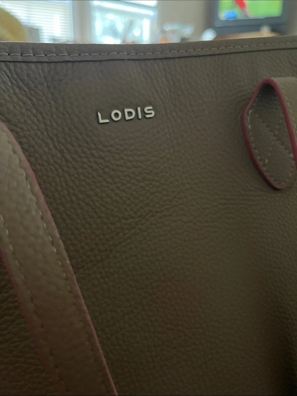 LODIS Bliss Taupe/Tan/Brown Pebbled Leather Tote, Pink Trim, approx 17”wx12”h